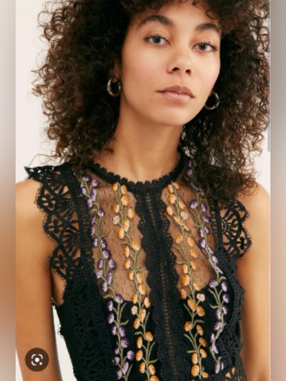 Free People Black Crochet Lace Embroidered Crop Top with Yellow & Purple Accents